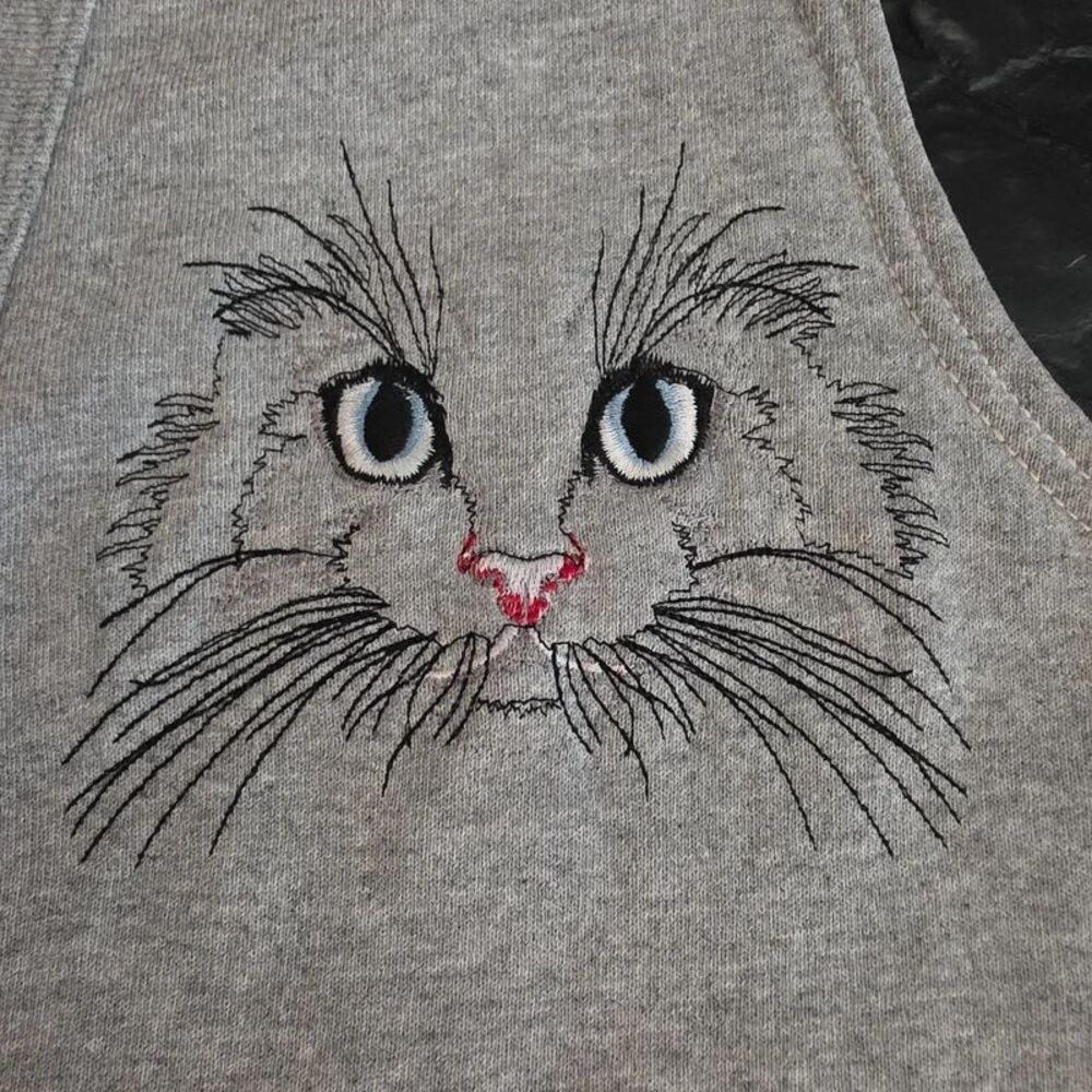 Vintage 90s Gloria Cat Face Embroidered Sweatshirt Vest Women XL USA Gray